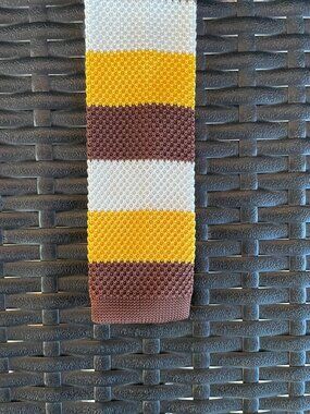 Vintage Knit Tie Brown Mustard Yellow Cream/White Stripe Square End Necktie